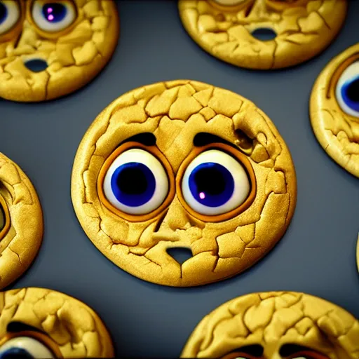 Image similar to luckys calls crypto logo golden cookie with big eyes, licking itself, big tongue, funny character from pixar, detailed 3d render, rim light