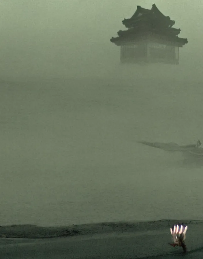 Image similar to a filmstill of a north korean monster movie, kaiju - eiga monster starfish - like trampling a traditional korean palace, foggy, film noir, video compression