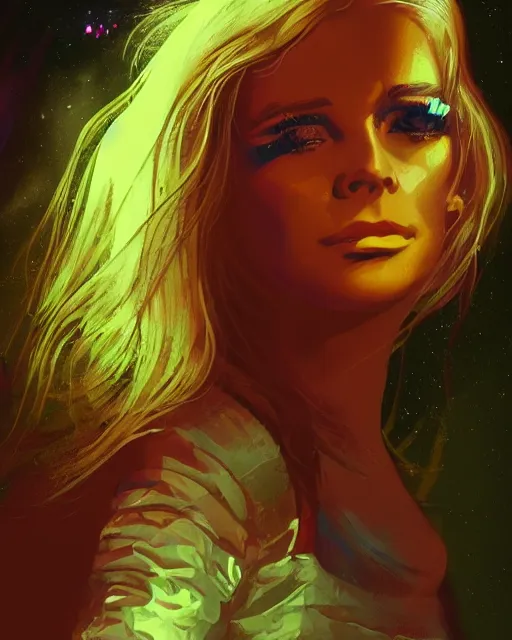 Image similar to a pulp illustration of a gorgeous young woman in dead space, with wild blonde hair and haunted eyes, 1 9 7 0 s, space station, neon light showing injuries, delicate ex embellishments, painterly, offset printing technique