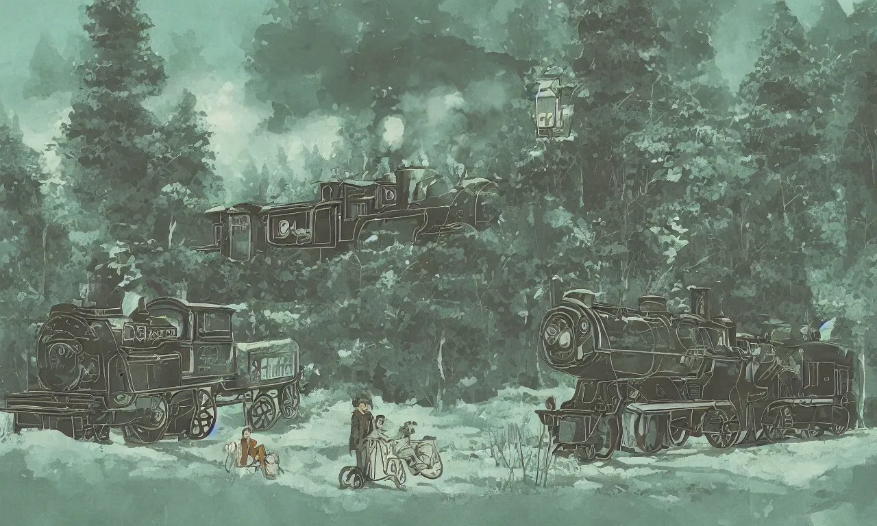 Prompt: old times train riding forested blobs, digital art, 3d, illustration