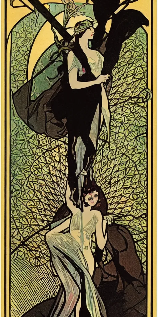 Image similar to an art deco illustration of the grim reaper on a tarot card with an elegant border by alphonse mucha