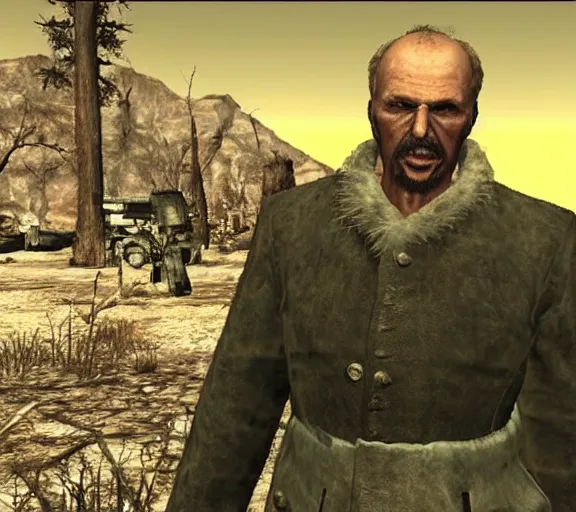 Image similar to Old Janusz Korwin-Mikke in the centre of a screenshot from the game Fallout: New Vegas (2010)