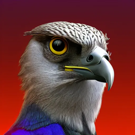 Image similar to profile picture of a falcon in sci-fi clothing looking smug, quarter view, close up, trending on artstation