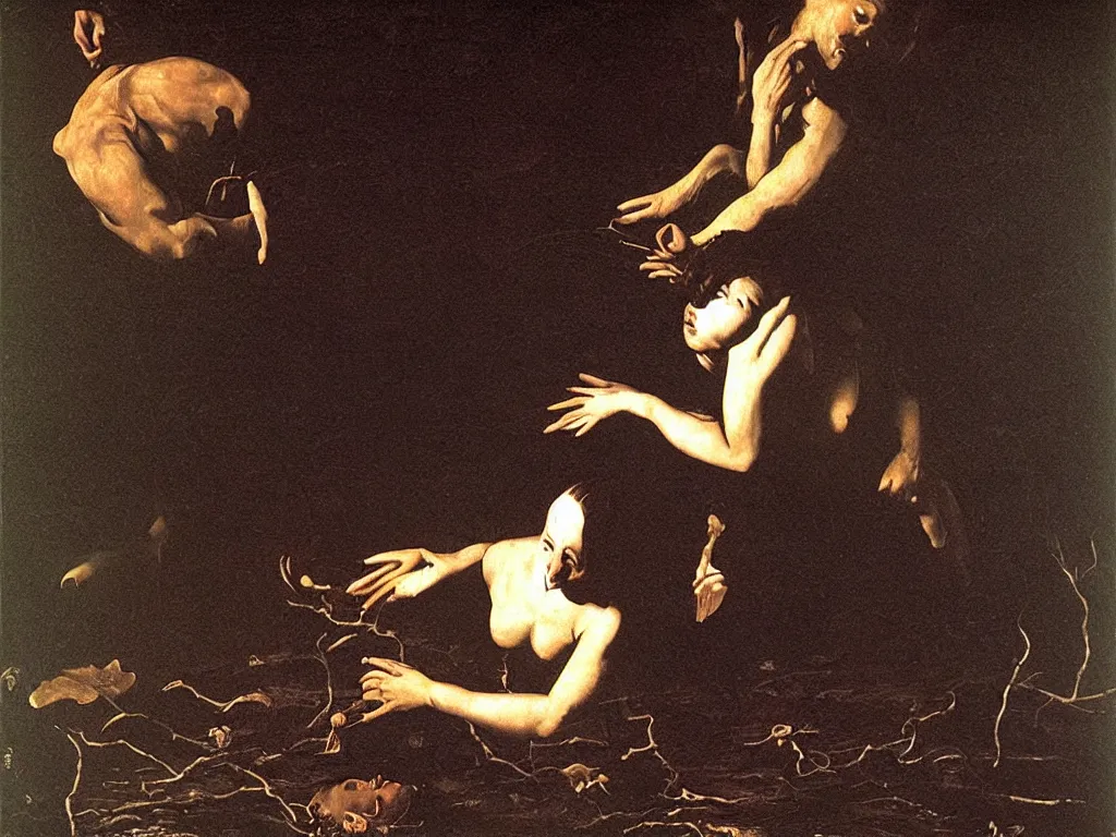Prompt: Portrait of a haunted lotus-eater at night shoulder deep in the mud. Painting by Caravaggio.