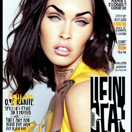 Prompt: “megan fox face skinned in lemon skin , photo real cover magazine”