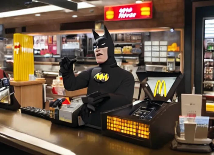 Image similar to film still of Batman working as a cashier at McDonalds in the new batman movie, 4k