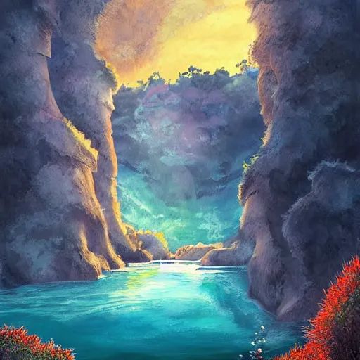 Prompt: beautiful painting of cliffs with waterfall, lake at the bottom of the waterfall, sunset windy evening, studio ghibli, highly detailed digital art