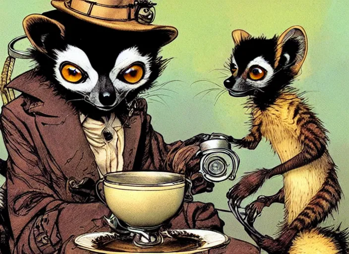 Image similar to an steampunk lemur having a cup of tea, muted colors, by rebecca guay, michael kaluta, charles vess and jean moebius giraud