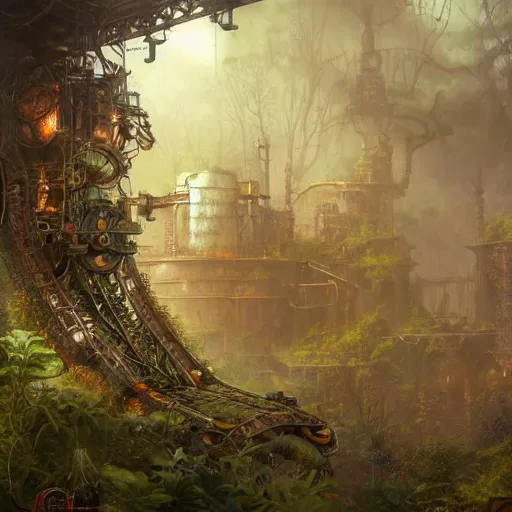 Prompt: a ultradetailed beautiful concept art of the core of a steampunk machine where vegetation have start to peacefully grow, concept art, high resolution 4 k, by tom bagshaw, greg rutkowski, charli bowater and artgeem