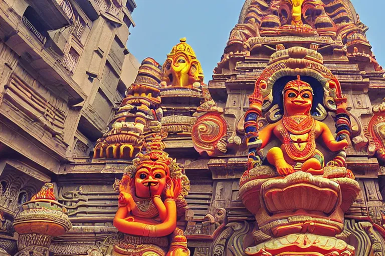 Image similar to dreamscape! mumbai with biomorphic hanuman!! head building, kalighat, sharp hyperrealistic cinematic smooth, stephen shore & john j. park, soft morning light, wide shot, high angle, uhd 8 k, deep focus