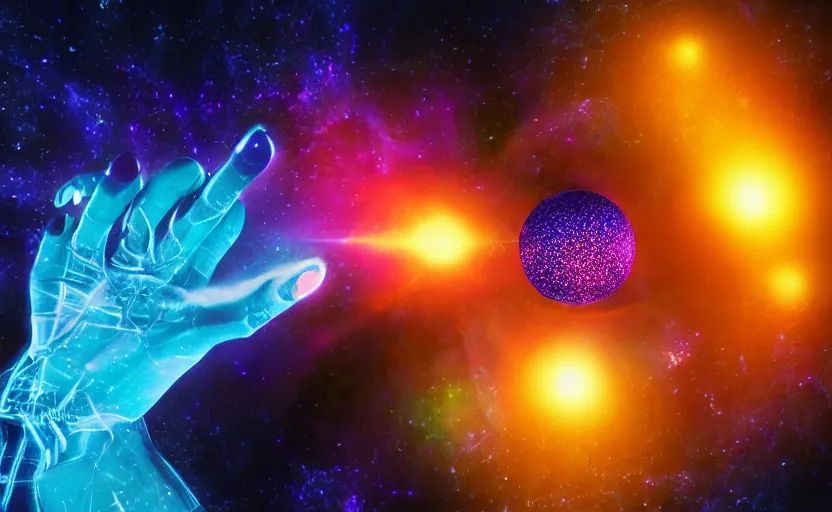 Image similar to pro - vida, cosmic integration, the privilege of being, closeup of a hand holding spheres of power, cosmic color scheme, macro up view, neon, glow, darkness, dramatic, sharp focus, octane render, imax