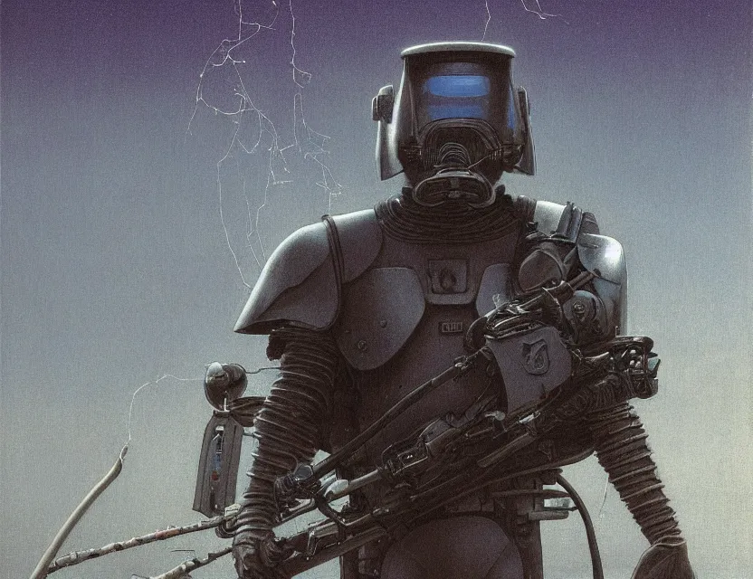 Image similar to a detailed portrait painting of a lone shock trooper in combat armour and visor. cinematic sci-fi poster. Flight suit and wires, accurate anatomy. Samurai influence, knight influence. fencing armour. portrait symmetrical and science fiction theme with lightning, aurora lighting. clouds and stars. Futurism by moebius beksinski carl spitzweg moebius and tuomas korpi. baroque elements. baroque element. intricate artwork by caravaggio. Oil painting. Trending on artstation. 8k