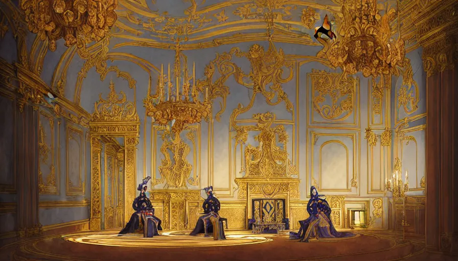 Prompt: the imperial throne room in the palace of versailles of god emperor napoleon bonaparte, napoleon on the throne, dieselpunk, french baroque, rococo, napoleonic, science fiction, steampunk, sharp, concept art watercolor illustration by mandy jurgens and alphonse mucha, dynamic lighting