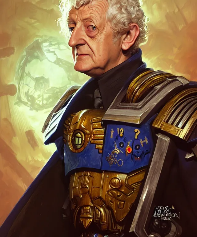 Image similar to Tom Pertwee Doctor Who as Warhammer 40k Space Marine, portrait, fantasy, intricate, elegant, highly detailed, digital painting, artstation, concept art, smooth, sharp focus, illustration, art by artgerm and greg rutkowski and alphonse mucha