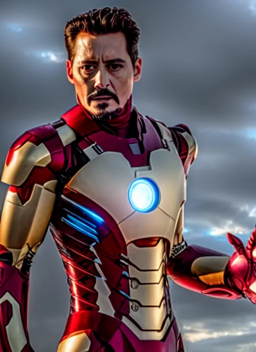 Image similar to film still of Johnny Depp as Tony Stark in Iron Man, 4k