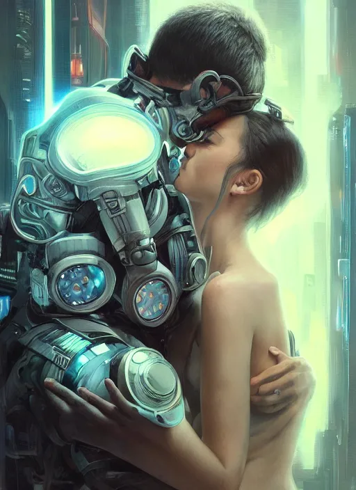 Image similar to ultra realistic medium shot of a couple of cyborgs kissing, lovers, cyberpunk, sci - fi, fantasy, kodak, photorealistic illustration, colour led, soft light, volumetric lighting, night, intricate, highly detailed, digital painting, concept art, smooth, sharp focus, illustration, art by artgerm and greg rutkowski and alphonse mucha