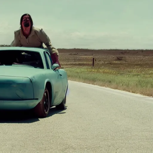 Prompt: an eldritch car that eats humans. Still from the latest A24 film, directed by Ari Aster