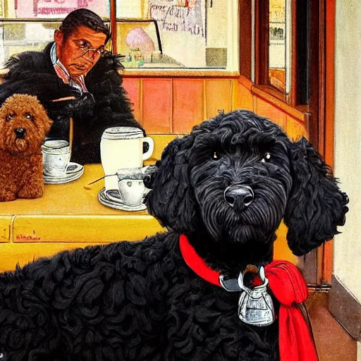 Image similar to Black Goldendoodle with a bright face and a puppy sitting at a diner drinking a cup of coffee, looking melancholy, Norman Rockwell style