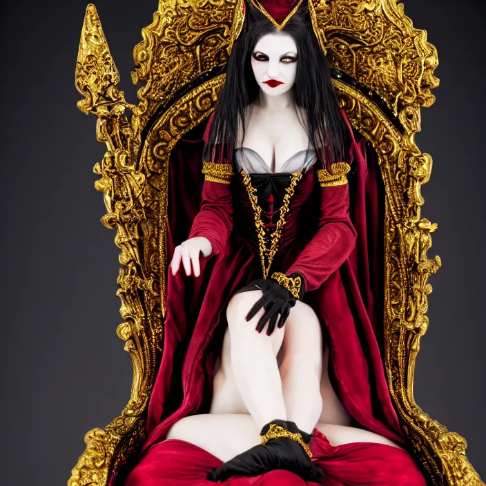 Prompt: photograph of a real-life beautiful vampire queen with ornate dress sitting on a throne. Extremely detailed. 8k