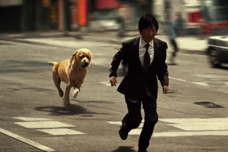 Prompt: cinematography action movie closeup portrait of a Japanese business man carrying his dog running from an explosion in Tokyo by Steven Spielberg