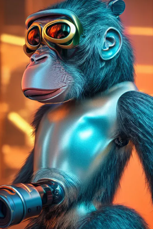 Prompt: Photography of ultra mega super hyper realistic detailed monkey in cyberpunk suit with many details by Hiromasa Ogura . Photo shot from 30m distance on ultra mega super hyper Leica Q2 Camera, Rendered in VRAY and DaVinci Resolve and MAXWELL and LUMION 3D, Volumetric cyan gold natural light
