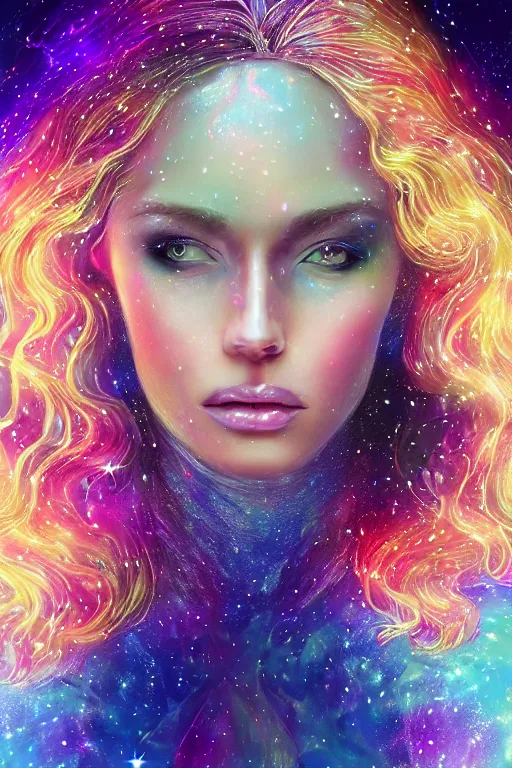 Image similar to a super realistic beautiful young womans face, magical, space stars and planets in her hair, windblown, intricate, synth-wave, retrowave, colorful, highly-detailed, elegant, dramatic lighting, gorgeous face, lifelike, photorealistic face, long luxurious intricate gown, digital painting, artstation, illustration, concept art, smooth, sharp focus, art by Jude Palencar, John Collier, artgerm, and Albert Aublet and Krenz Cushart and Artem Demura and Alphonse Mucha