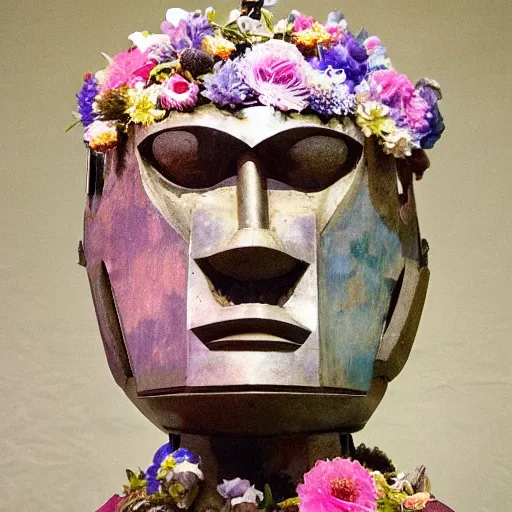 Image similar to a sculpture of a robot wearing a mask made of flowers, by annie swynnerton and diego rivera, symbolist, dramatic lighting, elaborate geometric ornament, art brut, soft cool colors, smooth, sharp focus, extremely detailed, adolf wolfli