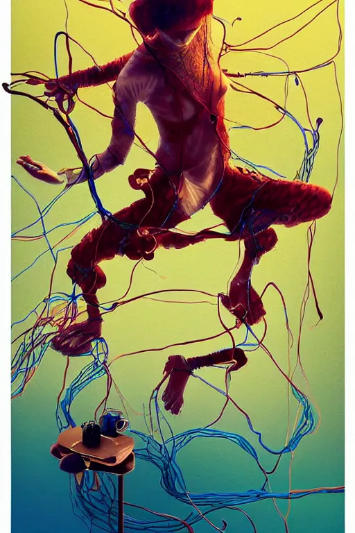 Prompt: epic 3 d abstract 🇵🇷 laptop hacker, spinning hands and feet, 1 6 mm, maroon and teal peanut butter melting smoothly into asymmetrical mesh and mushrooms, thick wires looping, wavy, kinetic, floating headsets, houdini sidefx, deviantart, by jeremy mann, ilya kuvshinov, jamie hewlett and ayami kojima