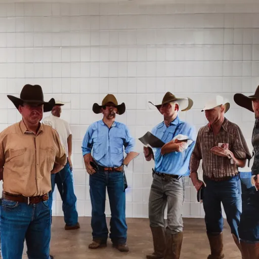 Prompt: many cowboys wearing shorts standing in a room with white tile walls