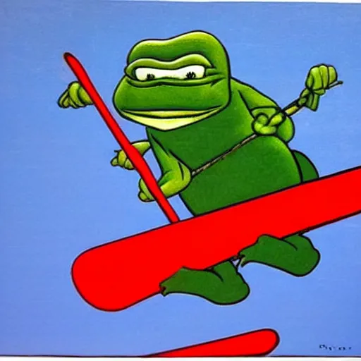 Prompt: pepe the frog jumping on a snowboard, socialist realism, north korea propaganda style