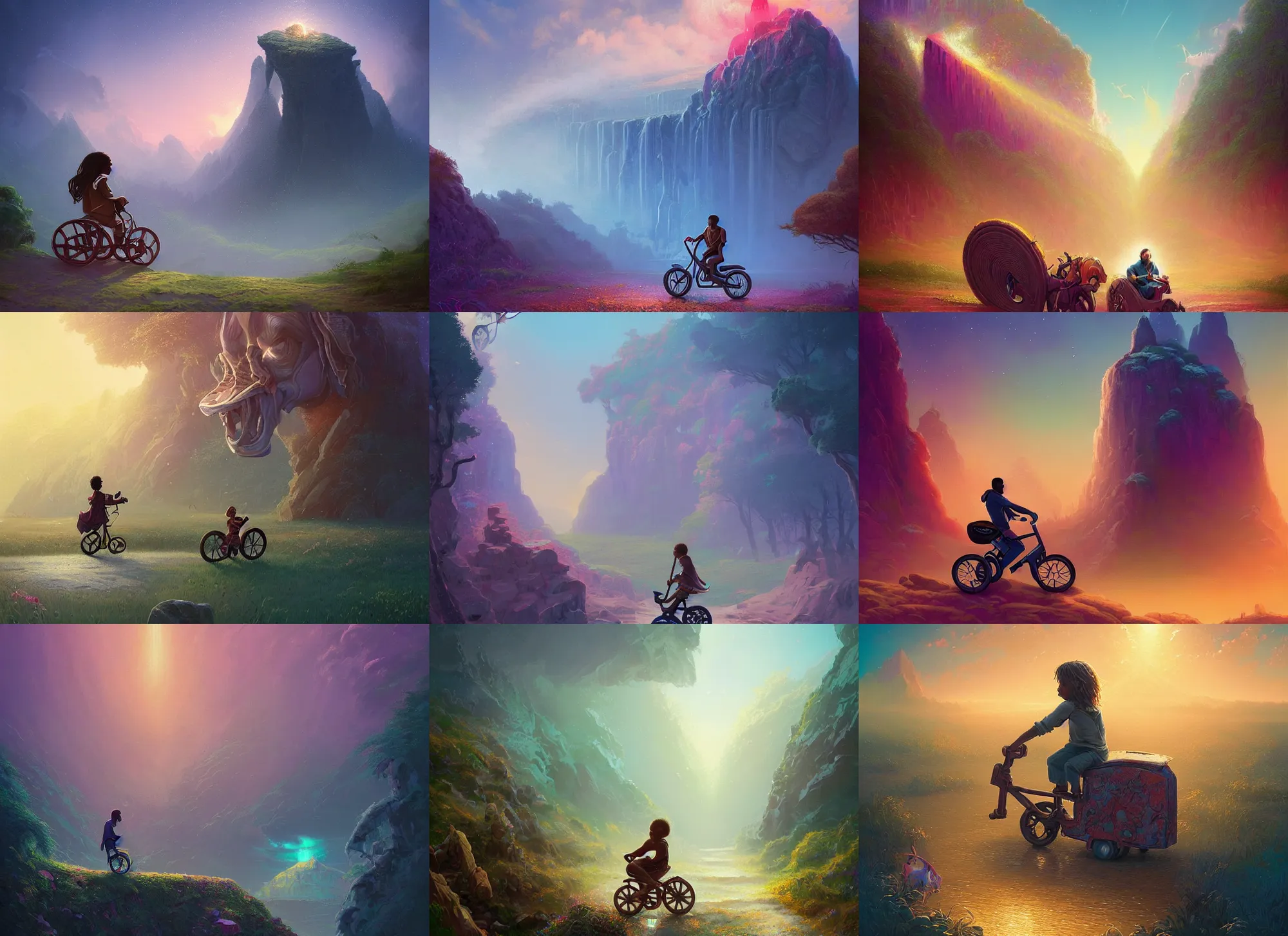 Prompt: epic portrait of Kayne West riding his tricycle in The Chronicles of Narnia , Alena Aenami, Petros Afshar, Noah Bradley, Anton Fadeev, Anato Finnstark, Steve Henderson, Filip Hodas, Mark Keathley, Thomas Kinkade, Phil Koch, Gilbert Williams, Mike Winkelmann, Beeple