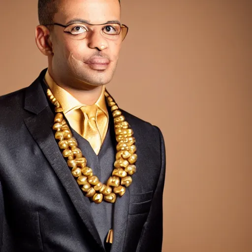 Image similar to portrait of Anubis wearing an elegant suit with a shiny gold necklace, looking at the camera, black background, studio light