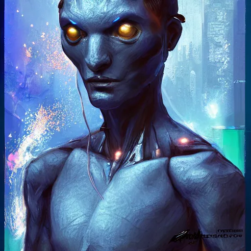 Image similar to character design humanoid by ahmet atil akar, profile portrait, cyberpunk street goon, concept art character modeling, cyberpunk fashion, with body made of blue lava and fire, marvelous designer, z brush, maya, digital 3 d, 4 k, epic size, epic scale, ultra detailed digital art, furry art, macro art, furaffinity, deviantart, realistic