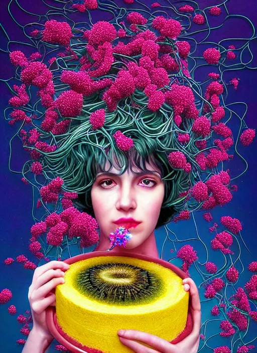 Image similar to hyper detailed 3d render like a Oil painting - Ramona Flowers with wavy black hair wearing thick mascara seen Eating of the Strangling network of colorful yellowcake and aerochrome and milky Fruit and Her staring intensely delicate Hands hold of gossamer polyp blossoms bring iridescent fungal flowers whose spores black the foolish stars by Jacek Yerka, Mariusz Lewandowski, cute silly face, Houdini algorithmic generative render, Abstract brush strokes, Masterpiece, Edward Hopper and James Gilleard, Zdzislaw Beksinski, Mark Ryden, Wolfgang Lettl, Dan Hiller, hints of Yayoi Kasuma, octane render, 8k