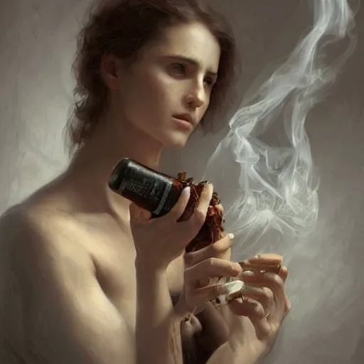 Prompt: full potrait of a woman. woman is draped with bones. woamn is holding broken wine bottle. Smoke effects forms question mark. Digital painting. Art station. Mood lighting. Skindness, highly detailed, concept art, intricate, sharp focus, einar jonsson and bouguereau - h 1200
