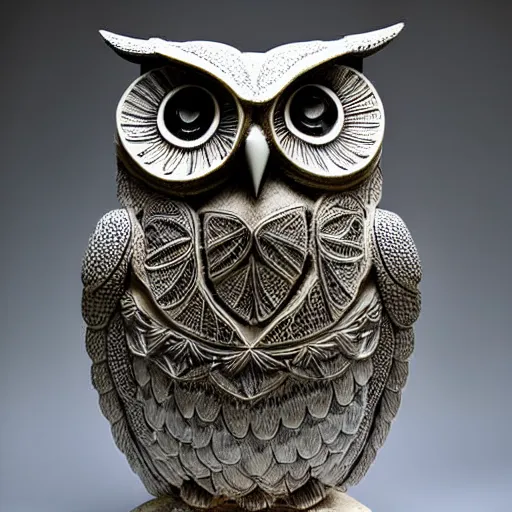 Prompt: symmetrical detailed sculpture of an owl, made by Roy Liechtestein