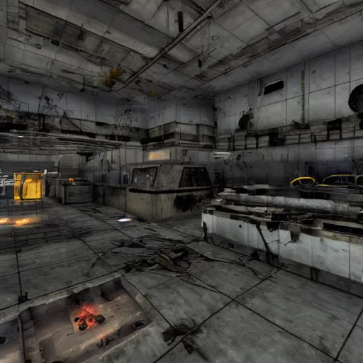 Prompt: a destroyed and burning research facility, black mesa, half - life, modern, lasers, pipes, scientists, photo realistic