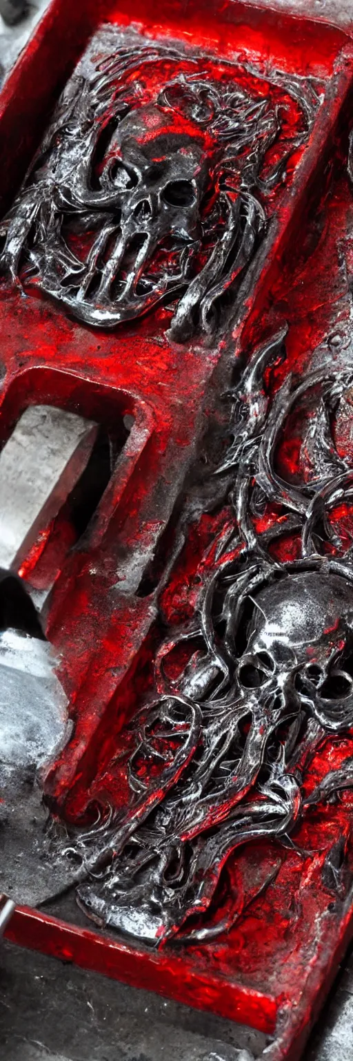 Image similar to molten red hot metal being poured into a mold in the shape of a punisher skull emblem. background is firey foundry. detailed, high art, intricate, artisan