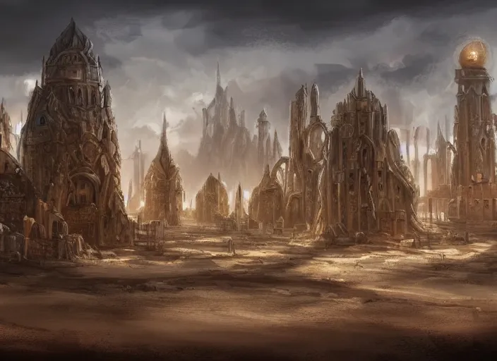 Prompt: architectural cover concept art of the lost sand city, ruins, golden towers. digital art, art station, realista,