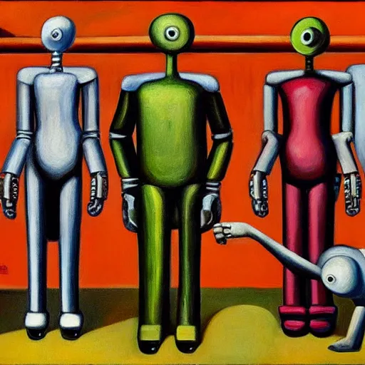 Prompt: people in robot suits, pj crook, edward hopper, oil on canvas