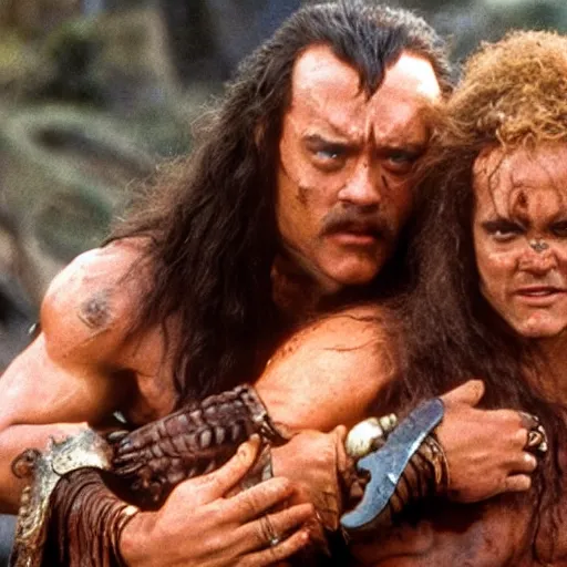 Prompt: tom hanks as conan the barbarian with a women in his arms