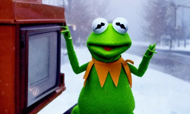 Image similar to kermit the frog as a weather reporter in a snow storm from new york he is wearing a brown parka, television static, 90s television