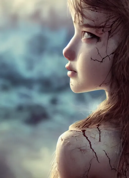 Prompt: a beautiful detailed beautiful young girl with cracks in her skin with a painted decaying world in the background, realistic, f 8, 4 k hd wallpaper