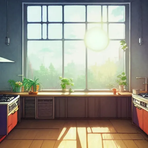 Prompt: interior background art, bright window lit kitchen, morning, food on the stove, wooden floors, houseplants, cottage decor, gapmoe yandere grimdark, trending on pixiv fanbox, painted by greg rutkowski makoto shinkai takashi takeuchi studio ghibli, akihiko yoshida