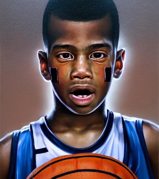 Prompt: portrait of a boy at a basketball court playing basketball wearing a basketball uniform in a basketball court standing near the basketball hoop, painted in 1999, intense emotion, detailed facial expression, detailed surroundings, intricate, elegant, highly detailed, centered, digital painting, artstation, concept art, smooth, sharp focus, illustration, by (Peter Mohrbacher), WLOP