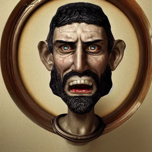 Image similar to portrait of ancient silly greek man with big eyes and sharp nose and open mouth. fine detail. artistic painting by lurid, unreal engine