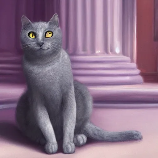 Image similar to a gray cat with completely purple eyes in a palace, digital Painting, ultradetailed, artstation, oil Painting, ultradetailed, artstation