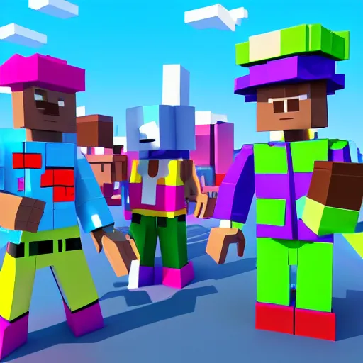 Image similar to block figures looking like roblox figures who are (playing with a computer)!! in a block world, having fun in the sun, bright and fun colors