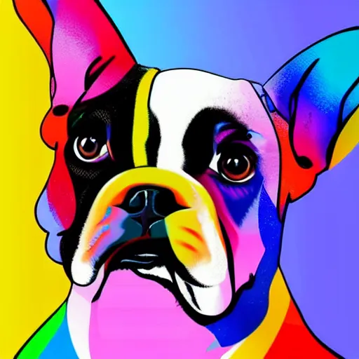 Image similar to rainbow excited smiling french bulldog puppy. pop art.