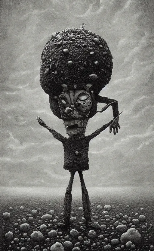 Image similar to spongebob squarepants in style of zdzisław beksinski, standing in wasteland, horror art, creepy, desolate, spongebob, spongebob, spongebob, spongebob